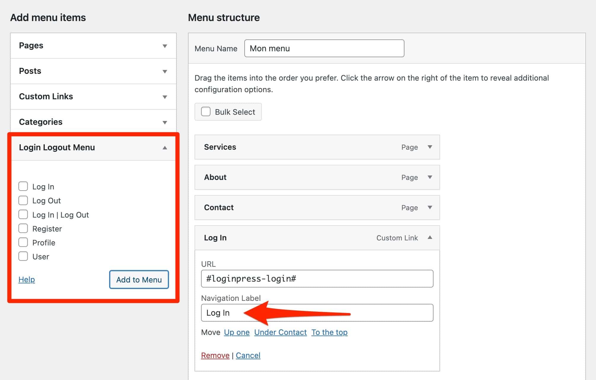 Impostazioni del plug-in del menu Login Logout.
