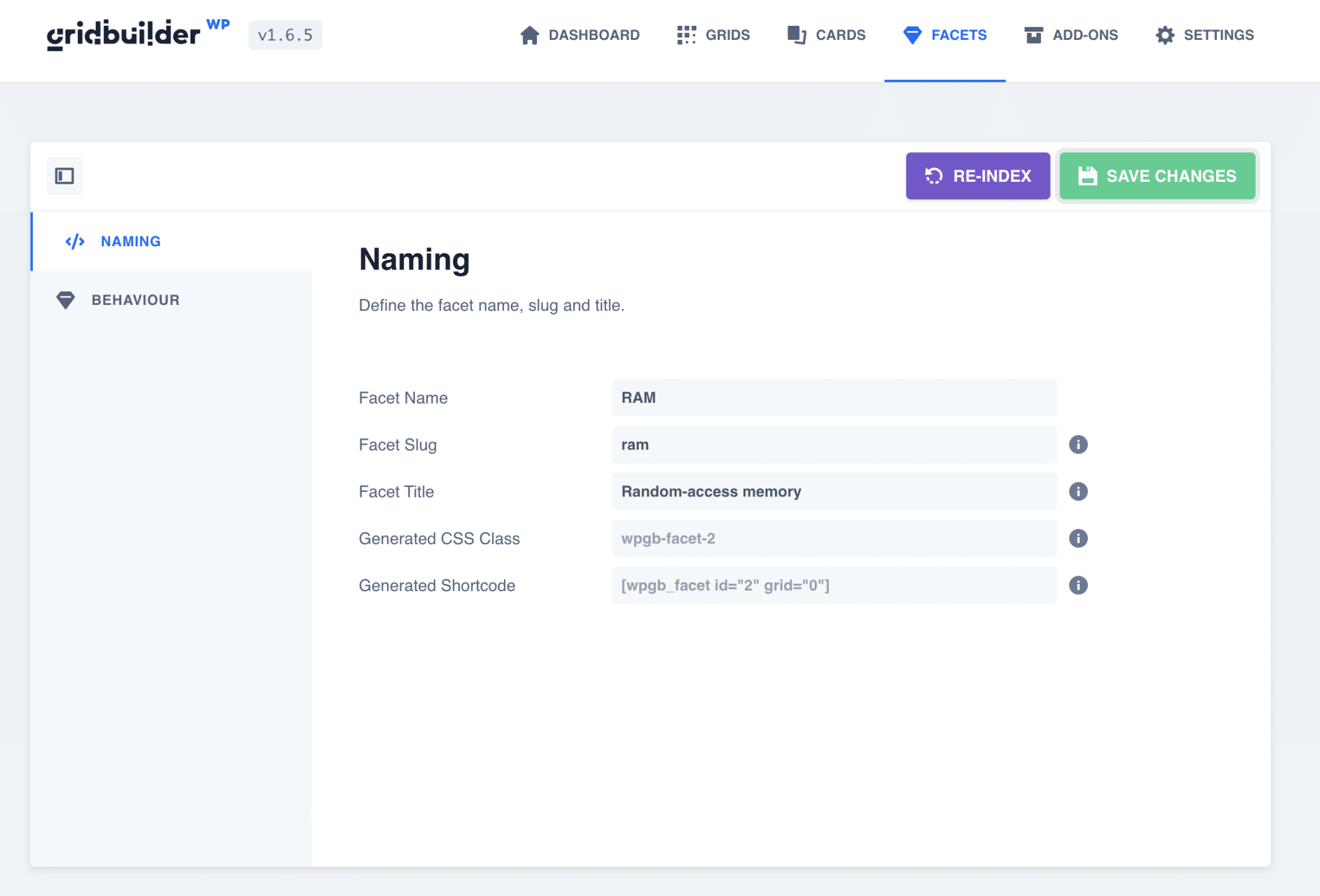 Nomenclatura de facetas no WP Grid Builder no WordPress.