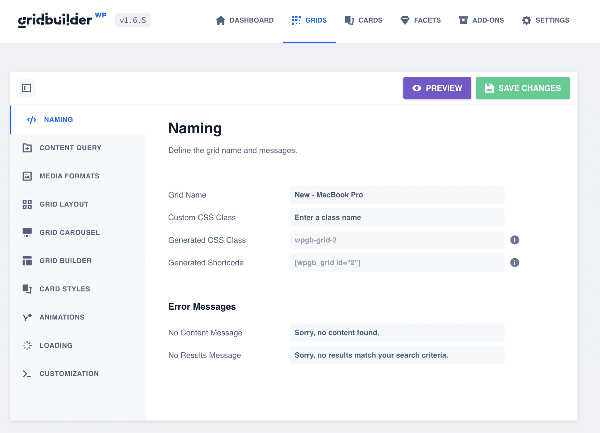 Aba de nomenclatura da grade no WP Grid Builder.