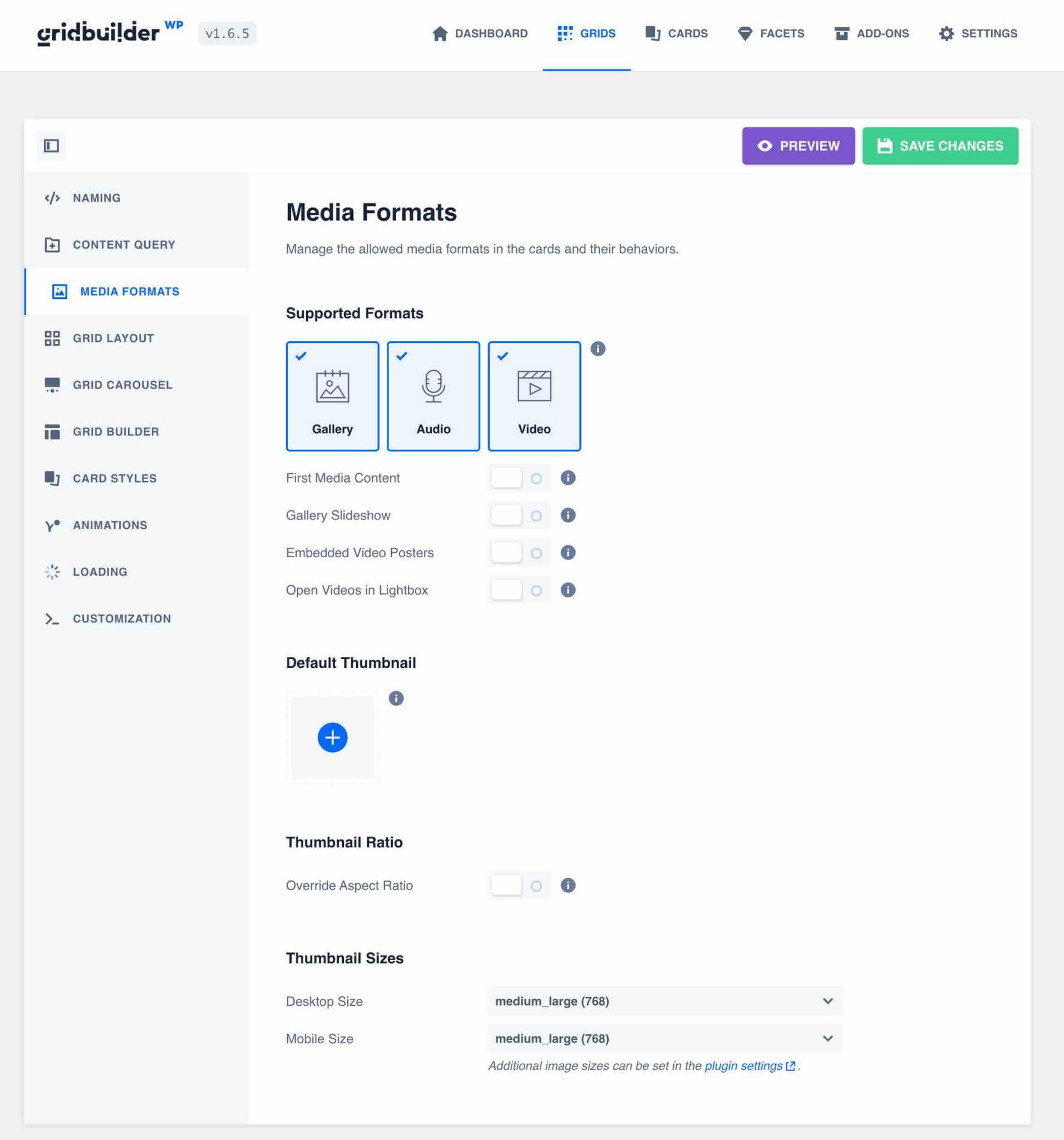 Aba Formatos de Mídia no WP Grid Builder.