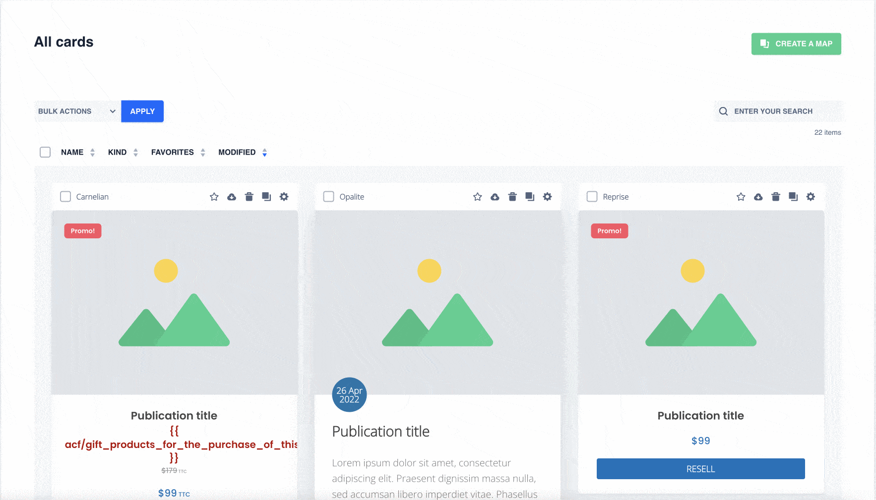 Visão geral dos cartões no WP Grid Builder.