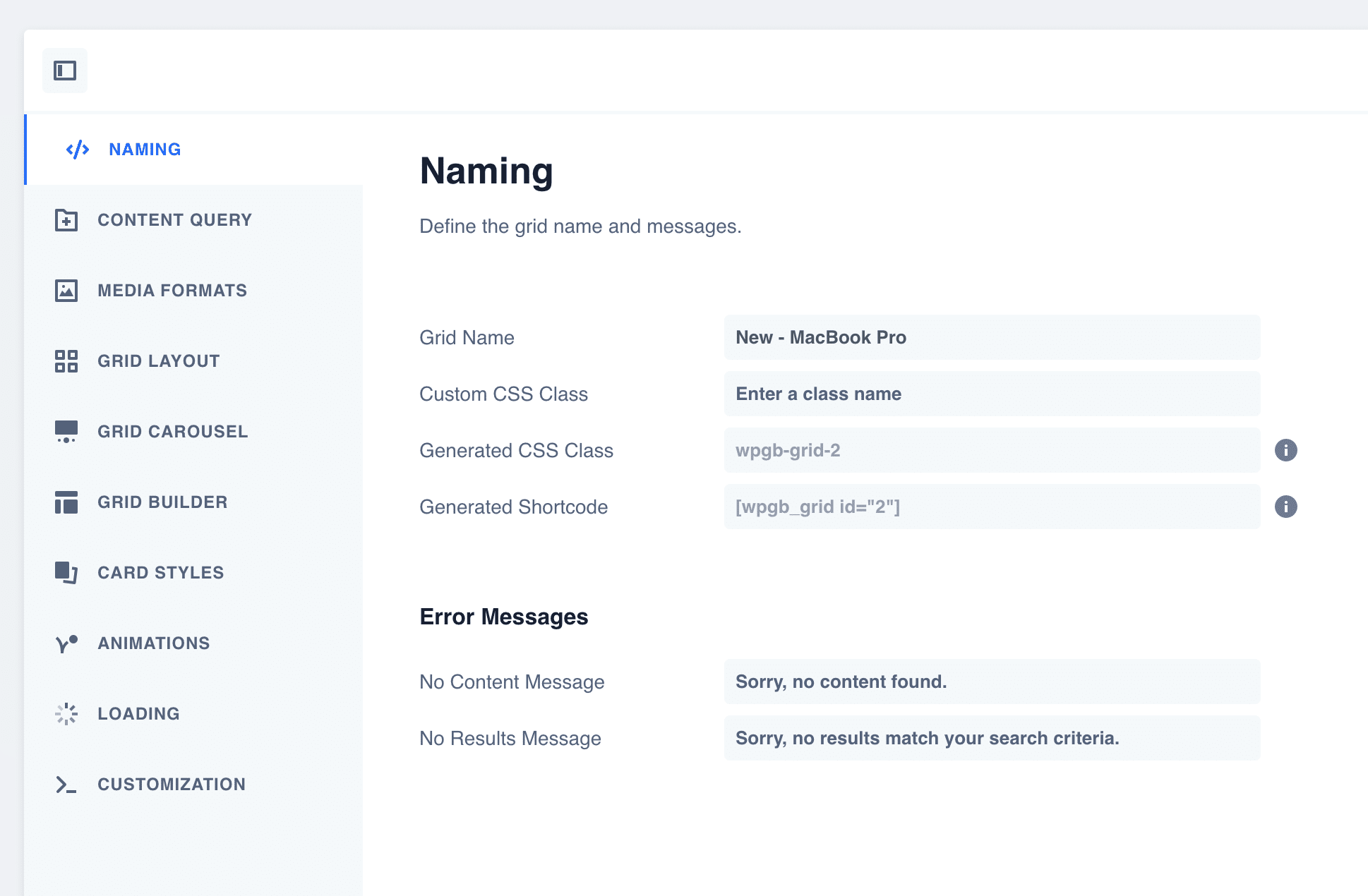 Shortcode gerado pelo WP Grid Builder no WordPress.