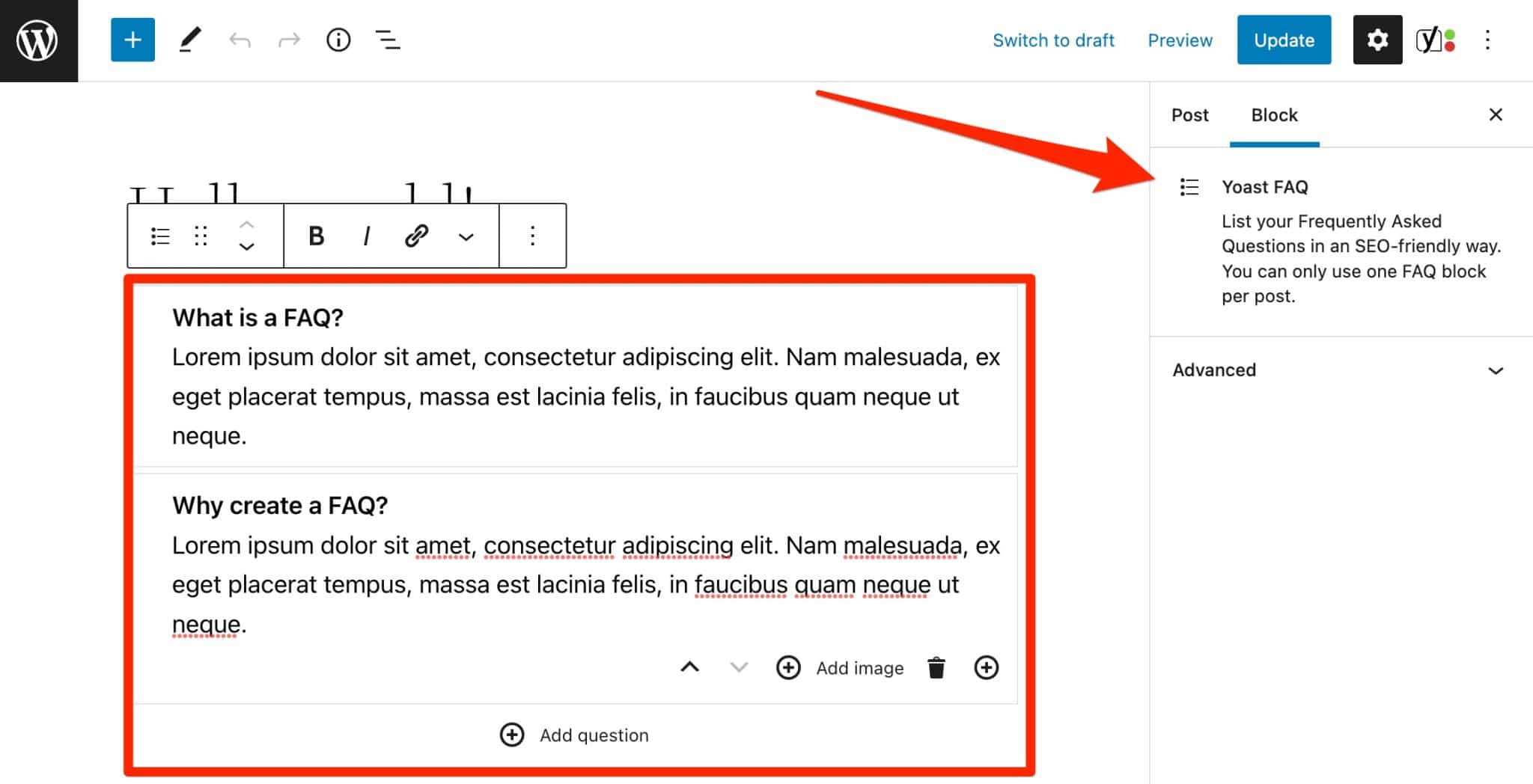 Il plugin di WordPress Yoast SEO offre un blocco FAQ.