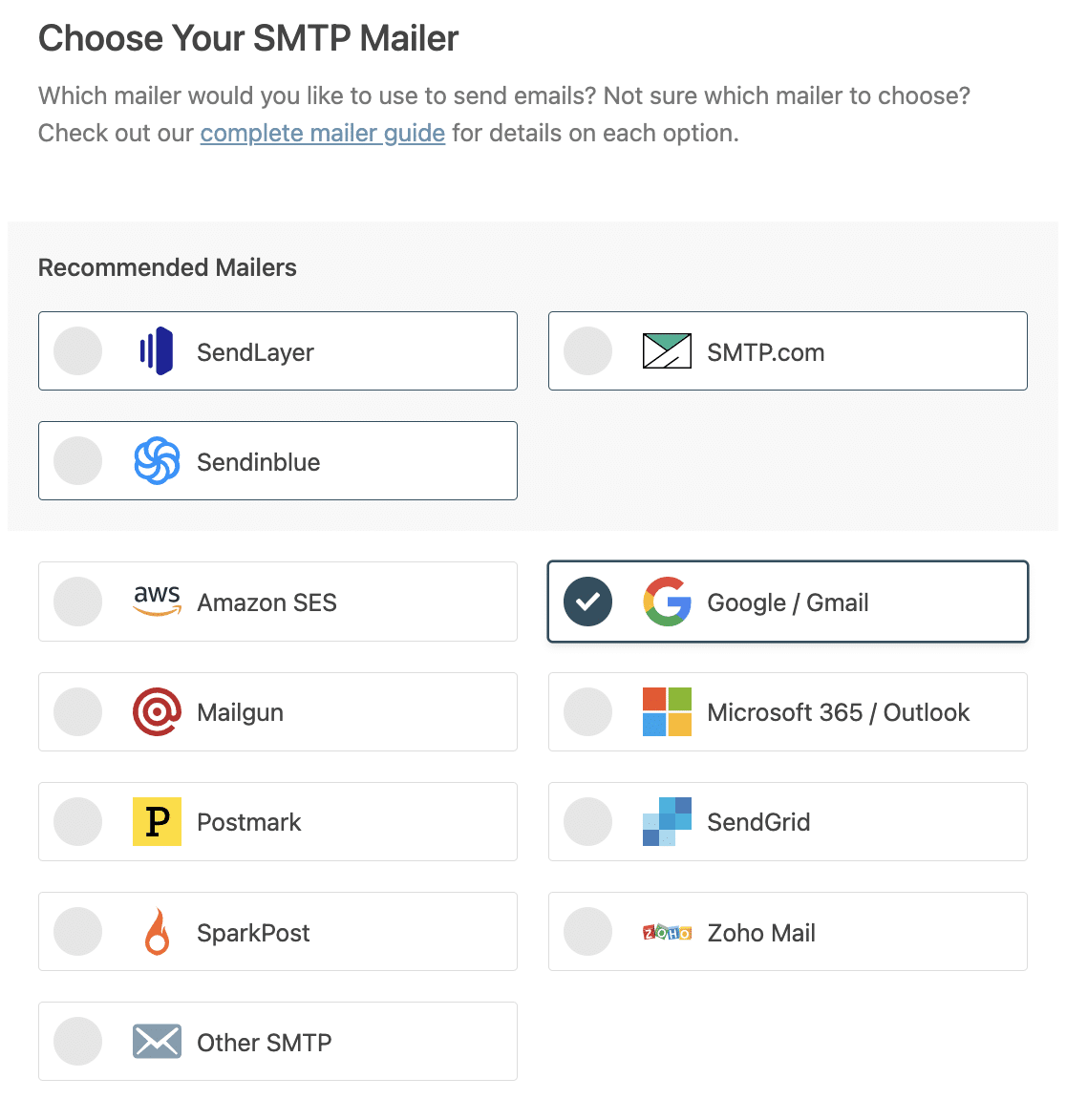 WP Mail SMTP Setup Wizard Pilih Mailer