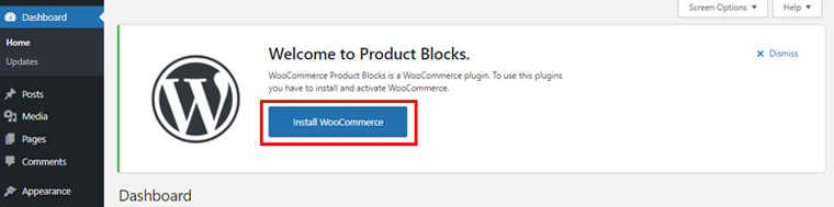 [WooCommerceオプションのインストール]をクリックします