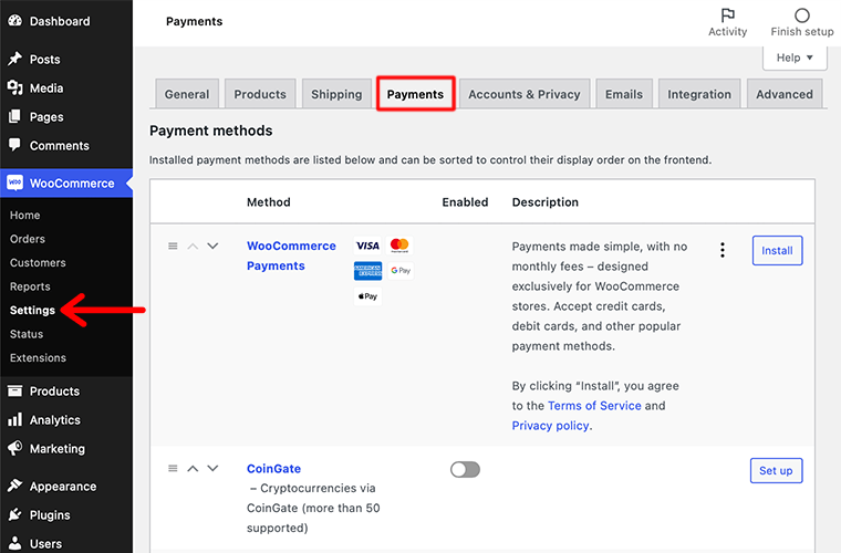 Paramètres de paiement WooCommerce