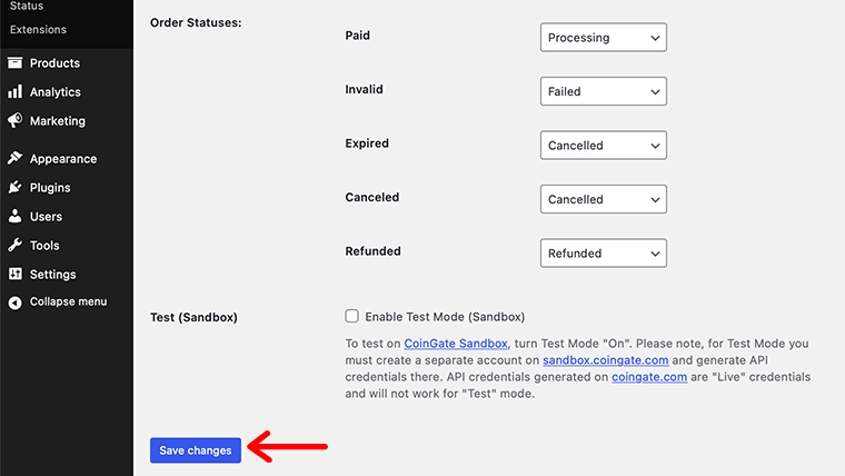 WooCommerce CoinGate Plus de paramètres
