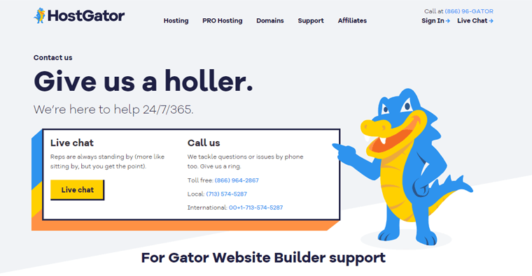 HostGatorサポートの連絡先ページ