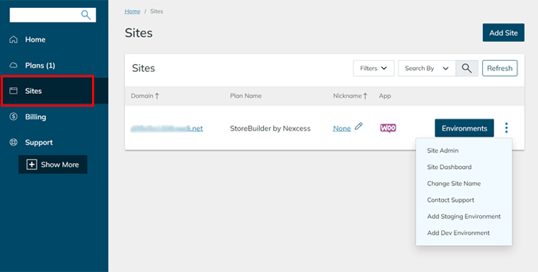Menu Sites sur le tableau de bord Nexcess
