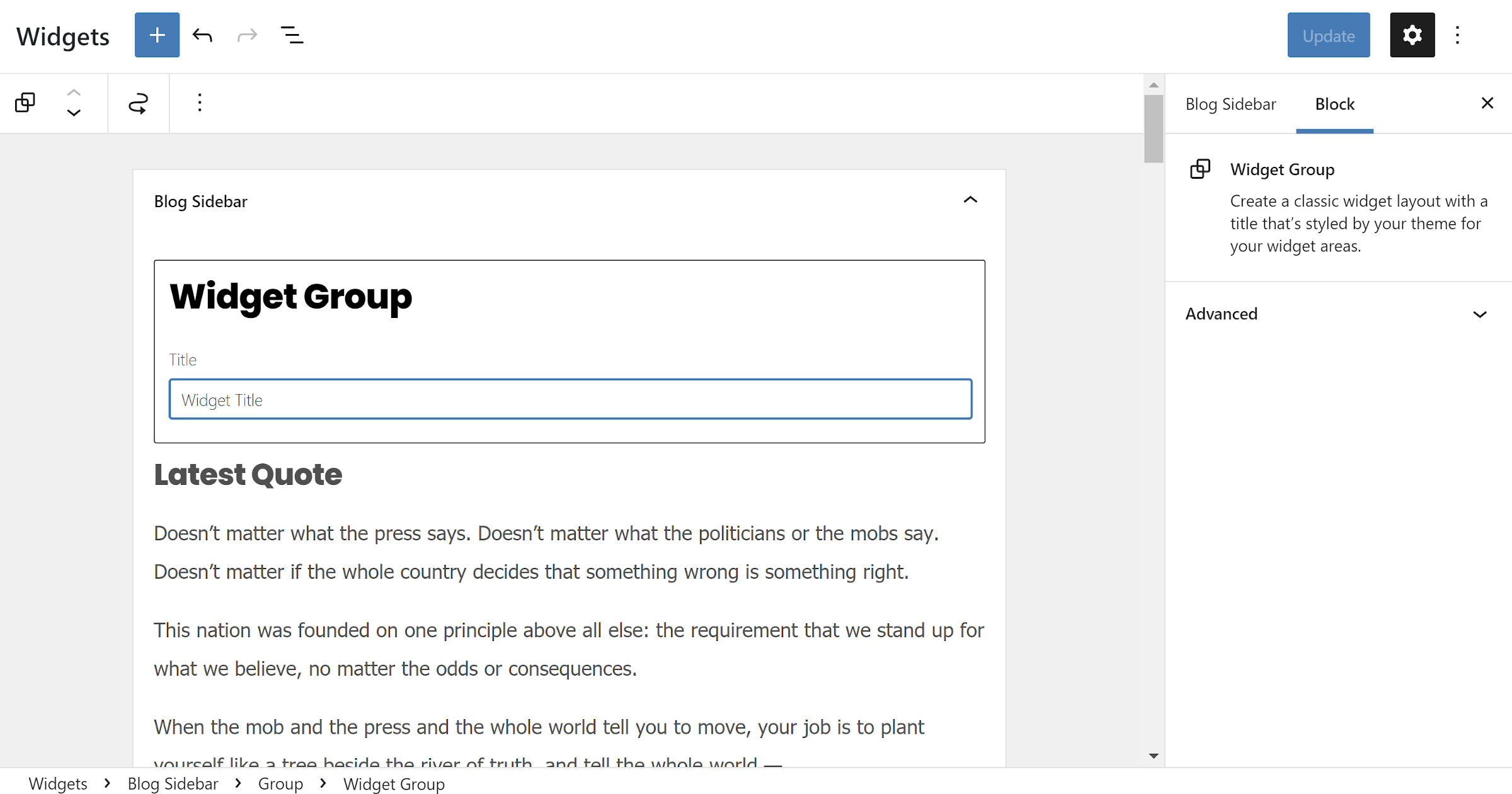 Schermata dei widget nell'amministratore di WordPress con il nuovo blocco del gruppo di widget mostrato.
