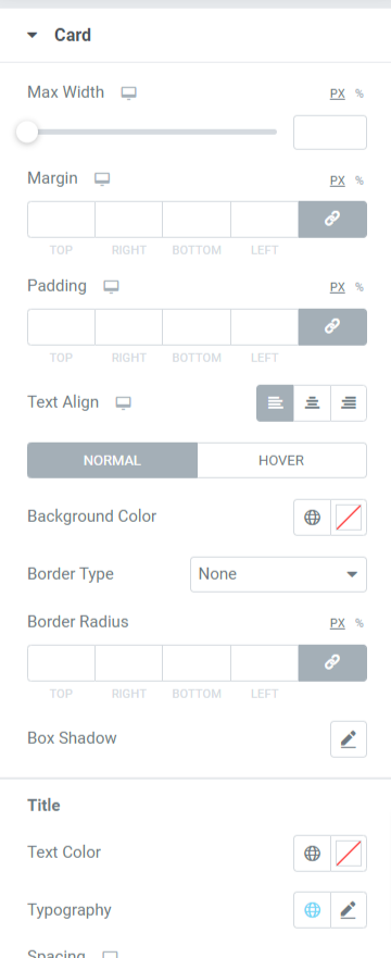 Sección de tarjeta en la pestaña Estilo del widget de control deslizante de tarjeta