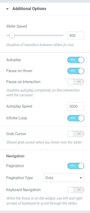 Sección de opciones adicionales en la pestaña Contenido del widget de control deslizante de tarjeta