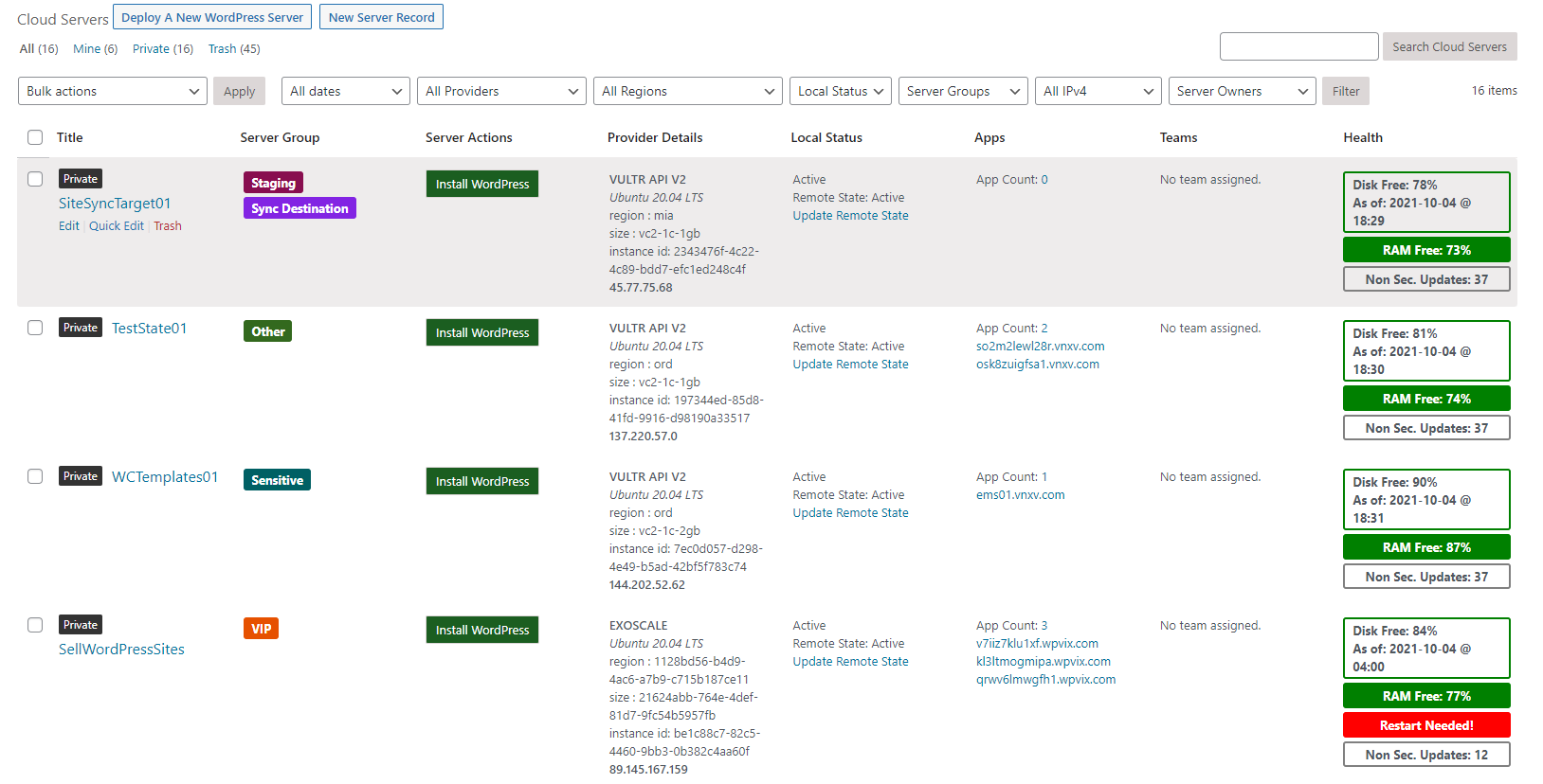 Elenco dei server tramite il plug-in WPCloudDeploy nell'amministratore di WordPress.