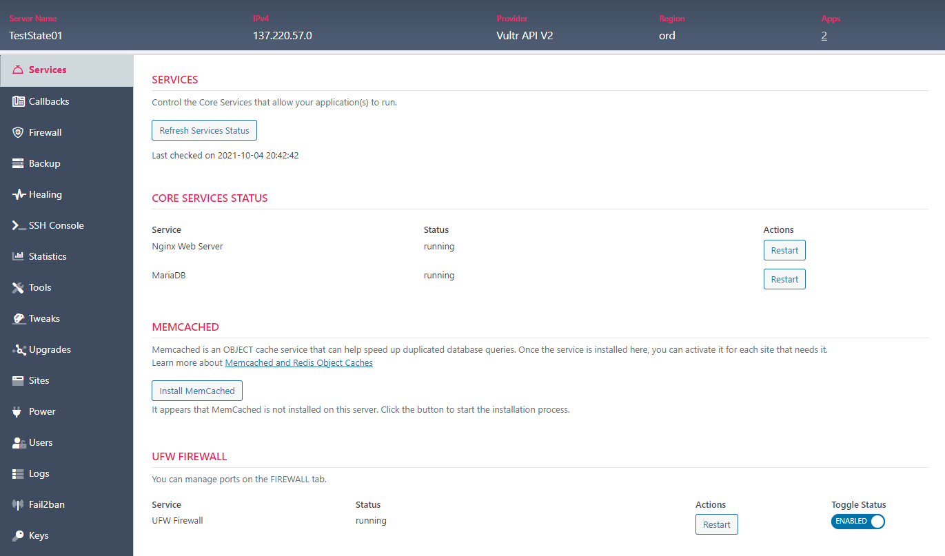 Schermata dei servizi per il plug-in WPCloudDeploy WordPress nell'amministratore.