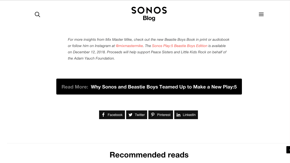 Tombol berbagi sosial pada kiriman dari blog Sonos.