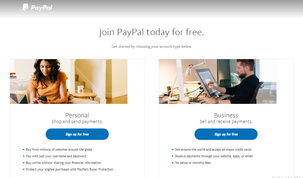 Pagina de înscriere PayPal