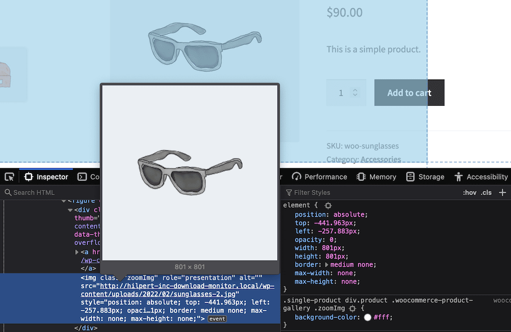 Găsirea adresei URL a unei imagini utilizând instrumentul Inspect.