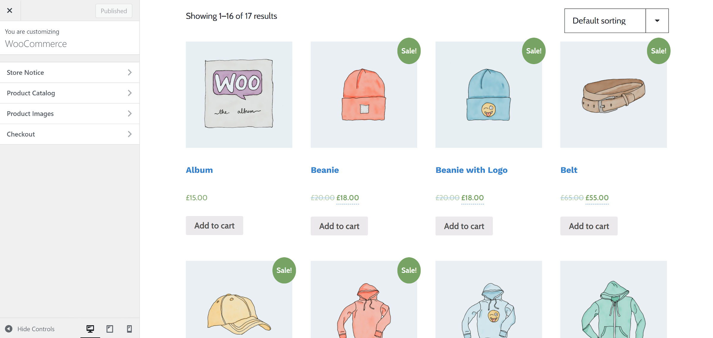 Ekran dostosowywania WordPressa skupiony na panelu wtyczki WooCommerce, pokazujący stronę sklepu.