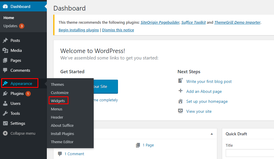Aspetto > Sezione Widget di un wordpress