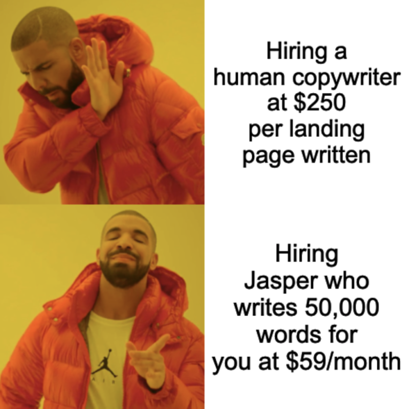 Human Copywriter vs Jasper AI Copywriting Drake Hotline Bling Meme