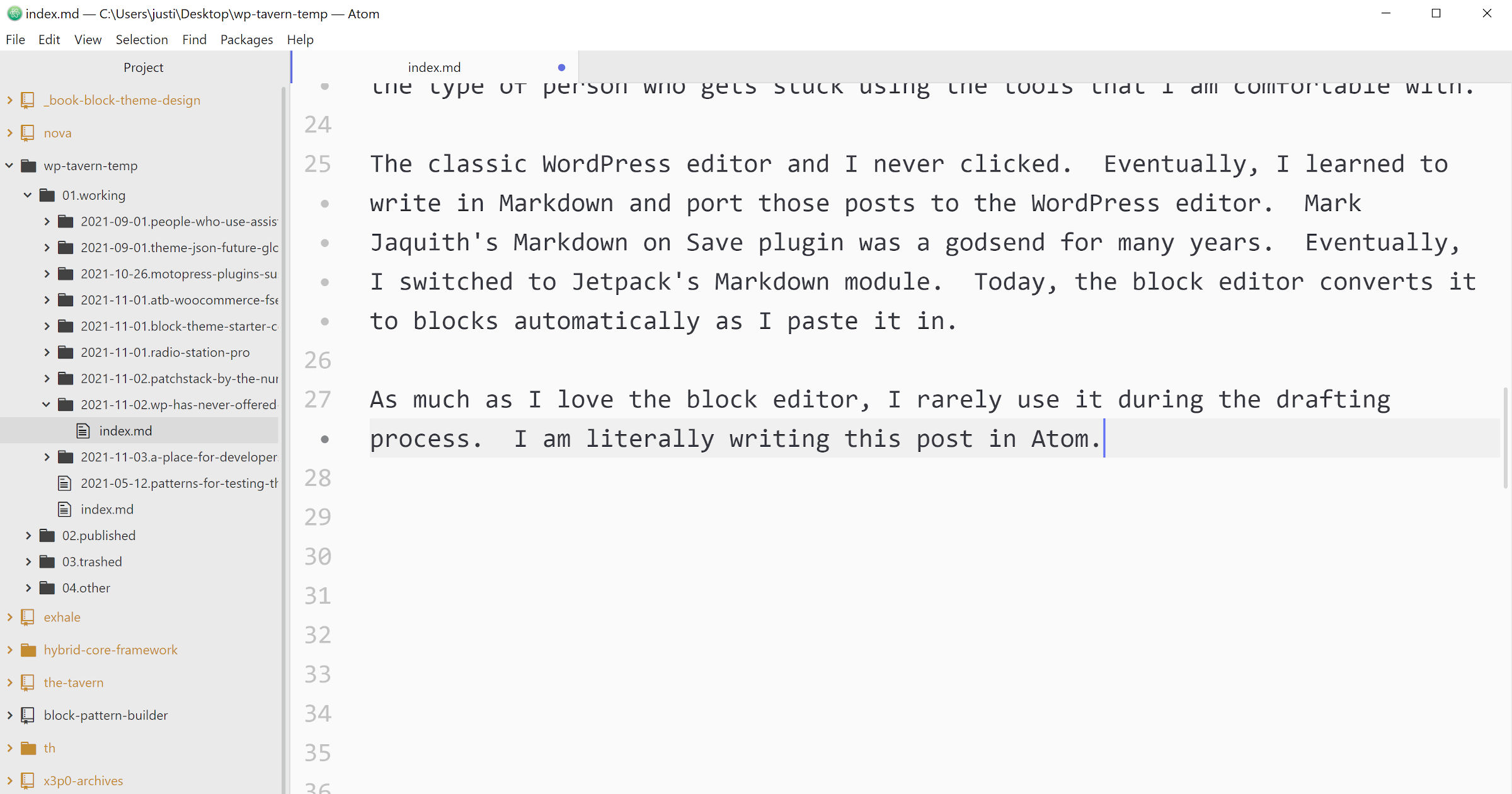 Tangkapan layar posting blog yang ditulis dalam font monospace di editor Atom.