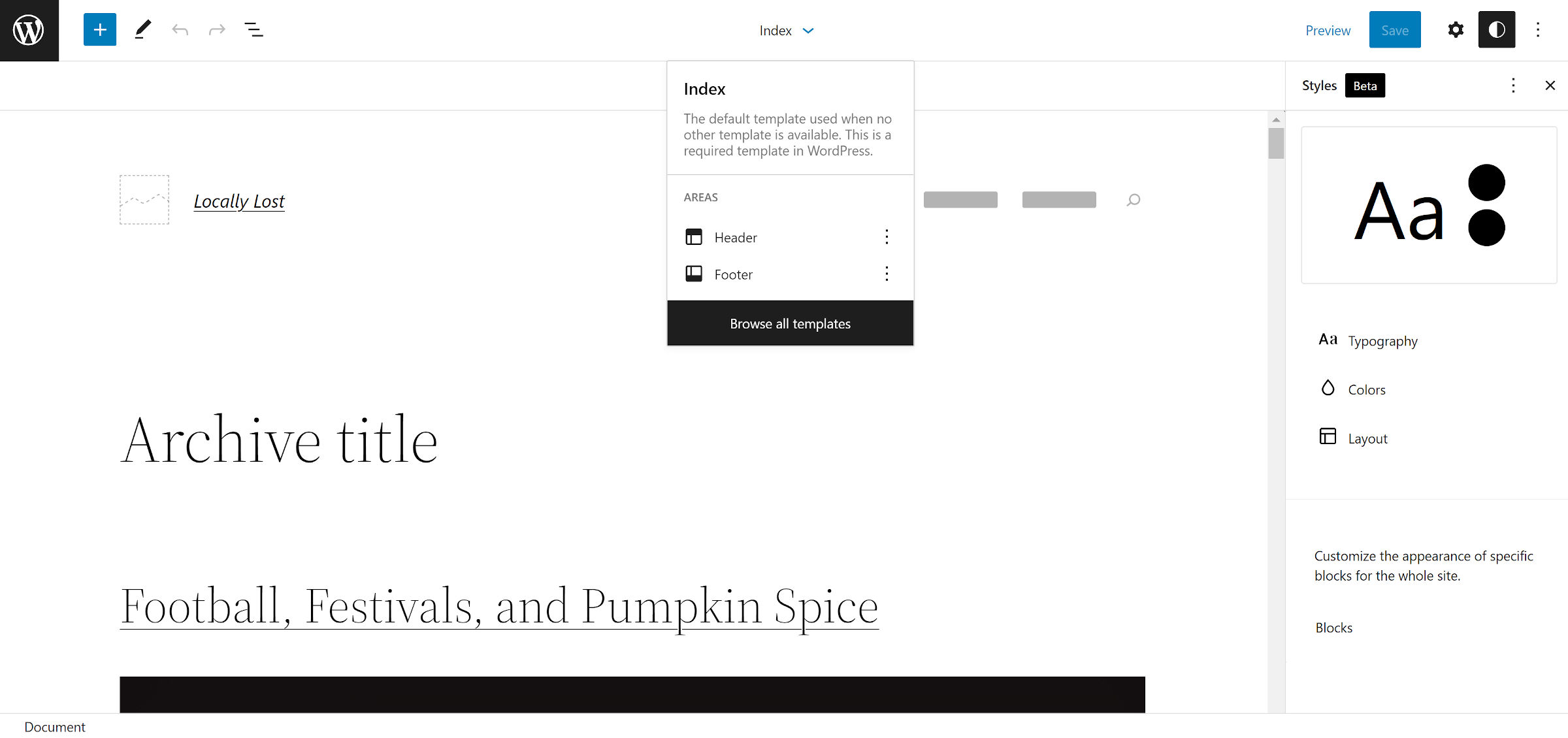 Editor di siti WordPress. Quadro di modifica del modello a sinistra, opzioni di stili globali a destra.