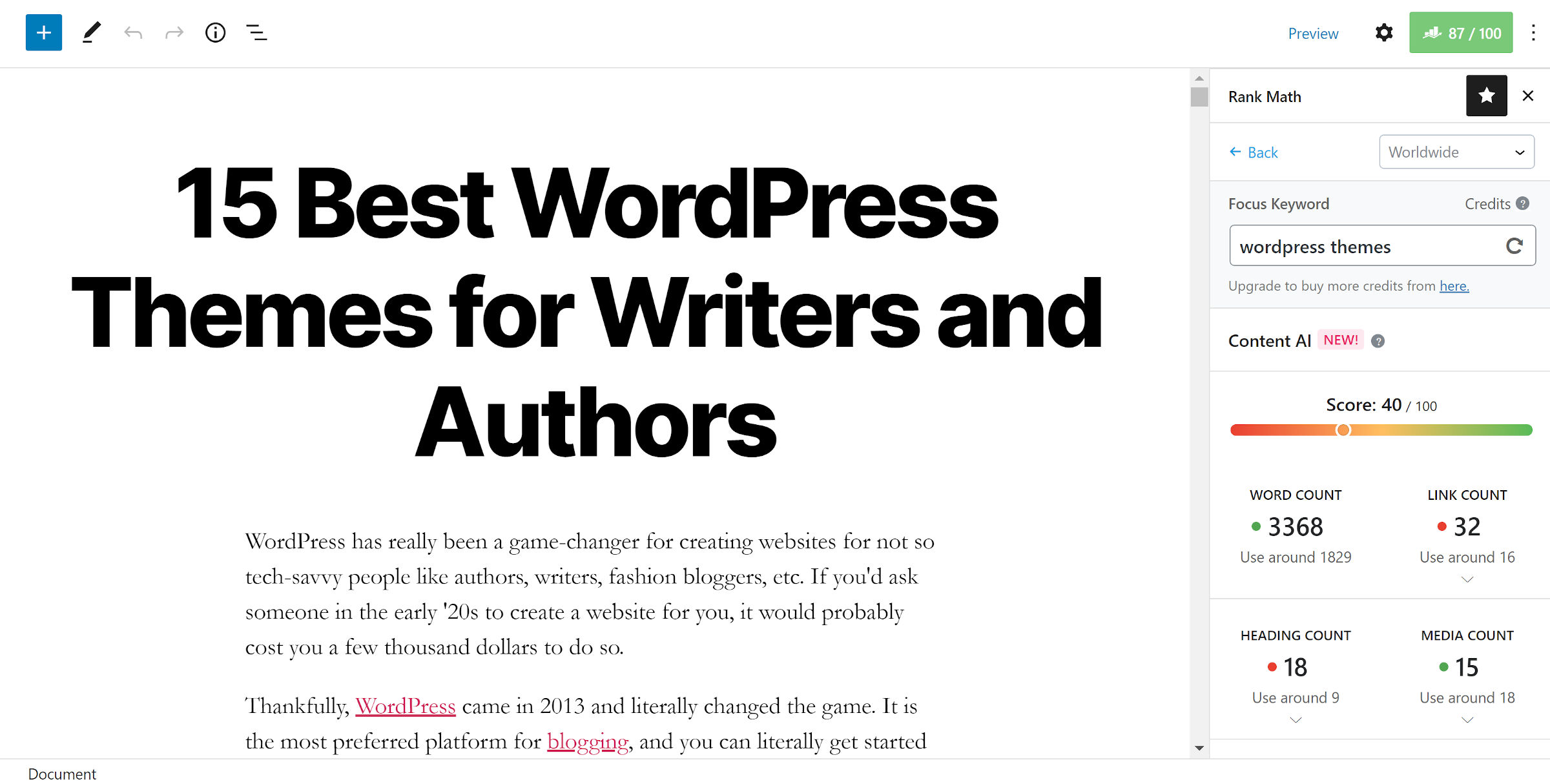 ตัวแก้ไข WordPress พร้อมคะแนน Content AI และคำแนะนำเนื้อหาในแถบด้านข้างขวา