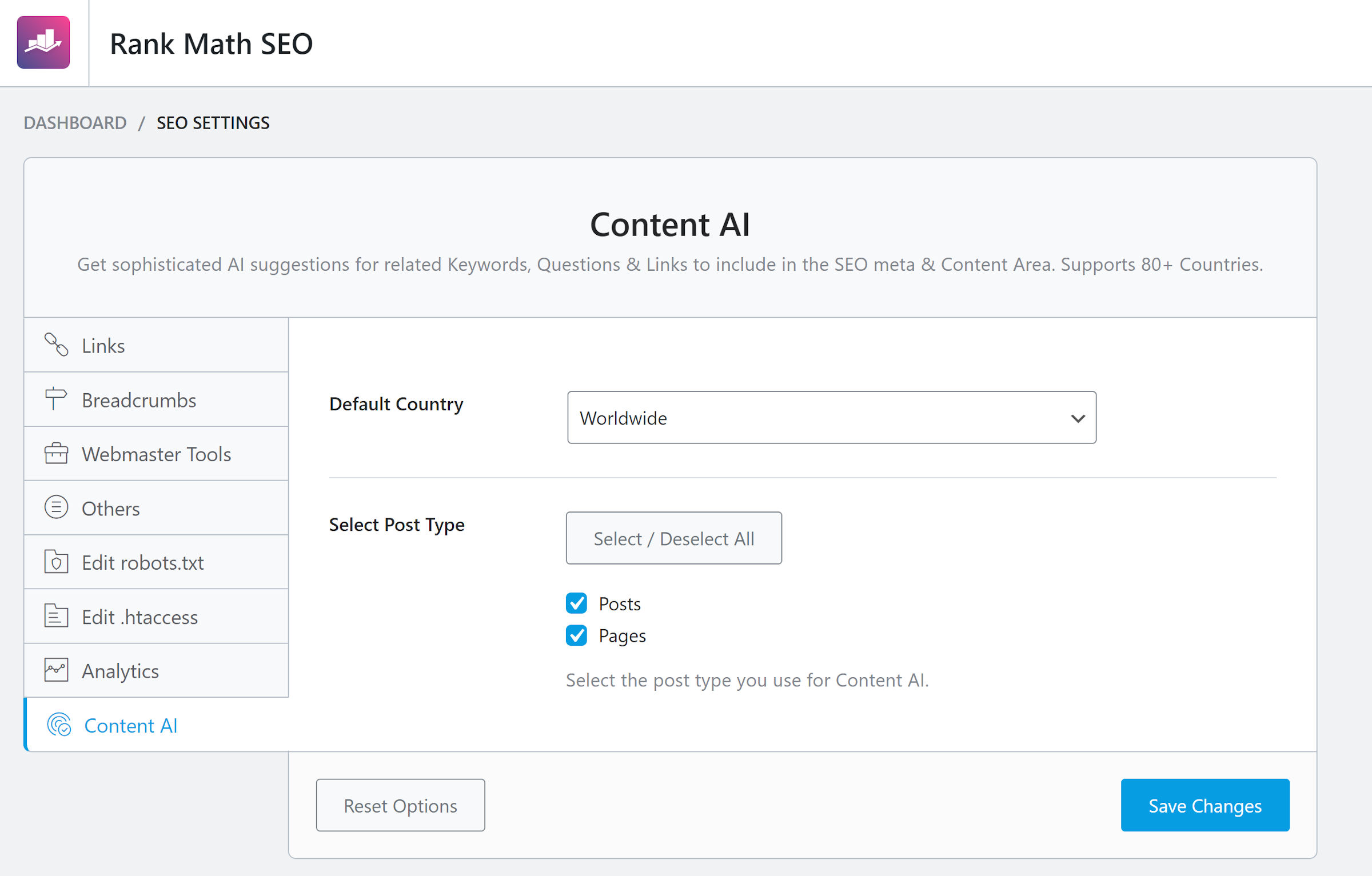 หน้าจอการตั้งค่าสำหรับปลั๊กอิน Rank Math ในผู้ดูแลระบบ WordPress แท็บคุณสมบัติ Content AI ถูกเน้น
