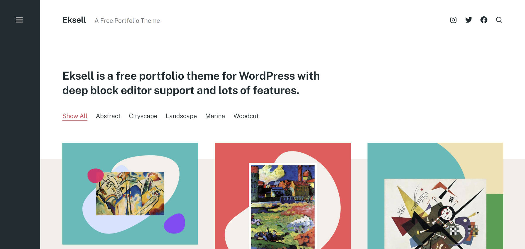 Eksell WordPress 테마 홈/포트폴리오 페이지.