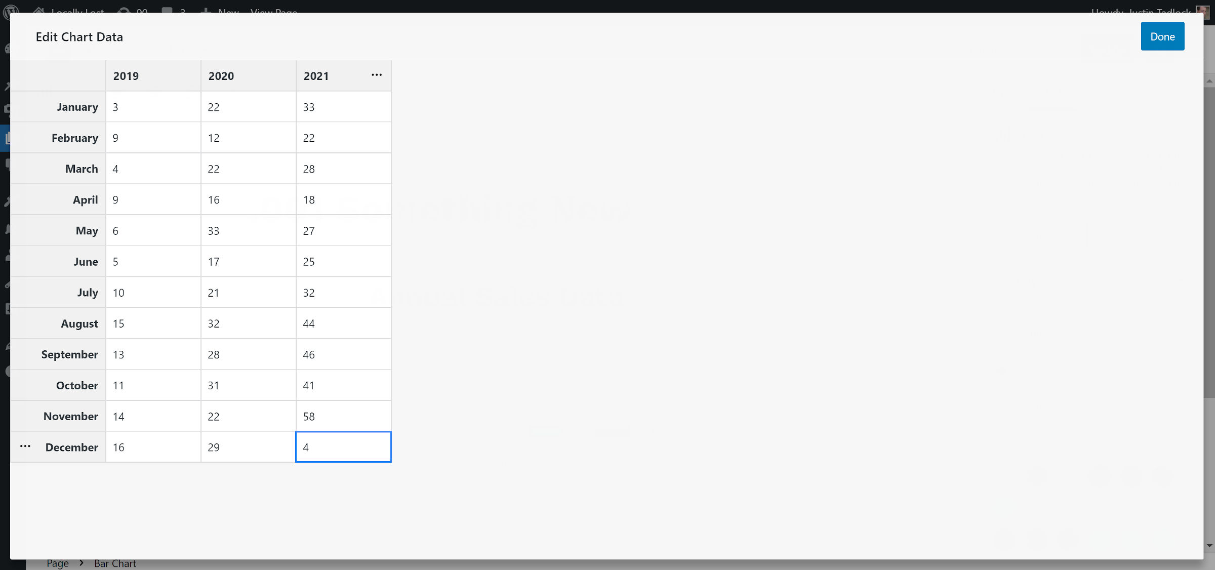 Sovrapposizione popup nell'editor di WordPress per l'immissione di dati del grafico che assomigliano a un foglio di calcolo.