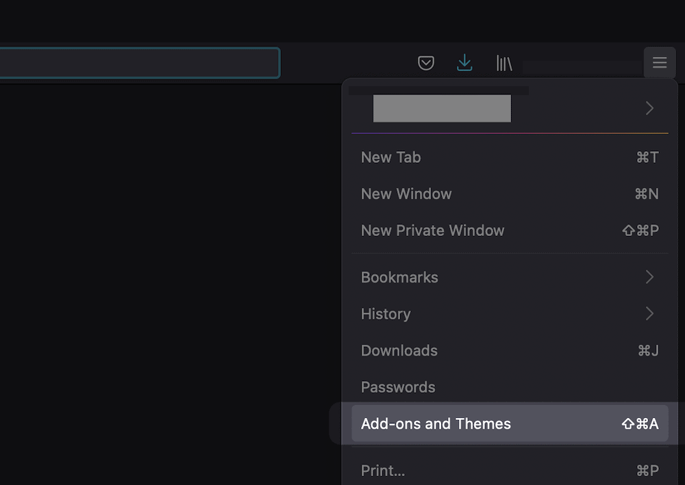 Параметр «Дополнения и темы» в Firefox.