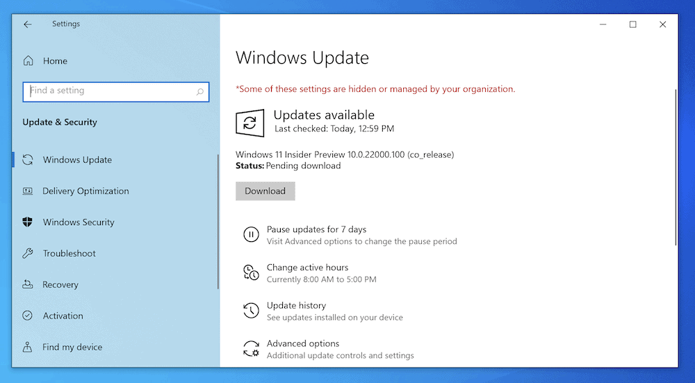 Экран Центра обновления Windows.