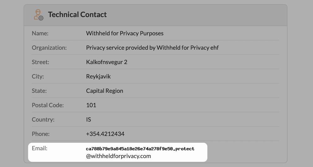 Контактная информация для домена в базе данных WHOIS.