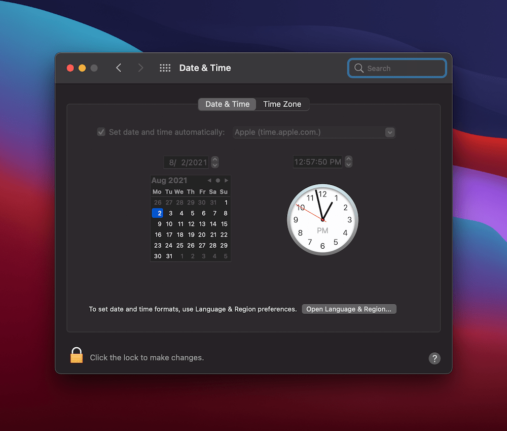 Настройки даты и времени в macOS.