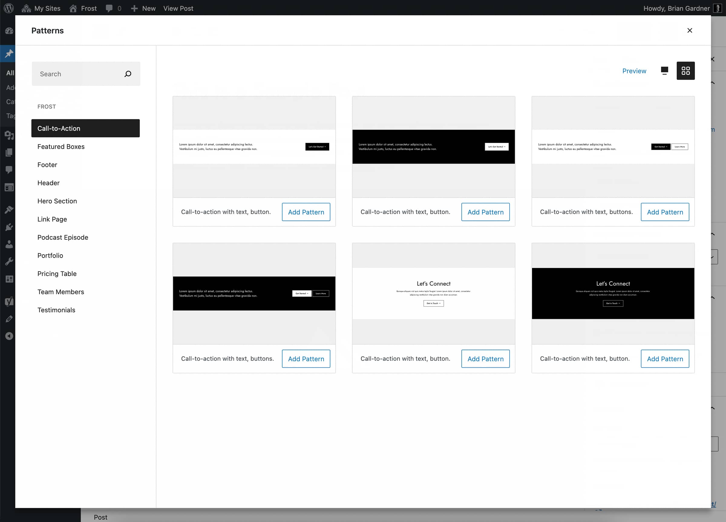 โมดอลซ้อนทับของรูปแบบบล็อกในตัวแก้ไข WordPress เวอร์ชันที่อัปเดตจากปลั๊กอิน Block Patterns Explorer ที่เพิ่มประเภทหมวดหมู่และปุ่มเพิ่มรูปแบบ