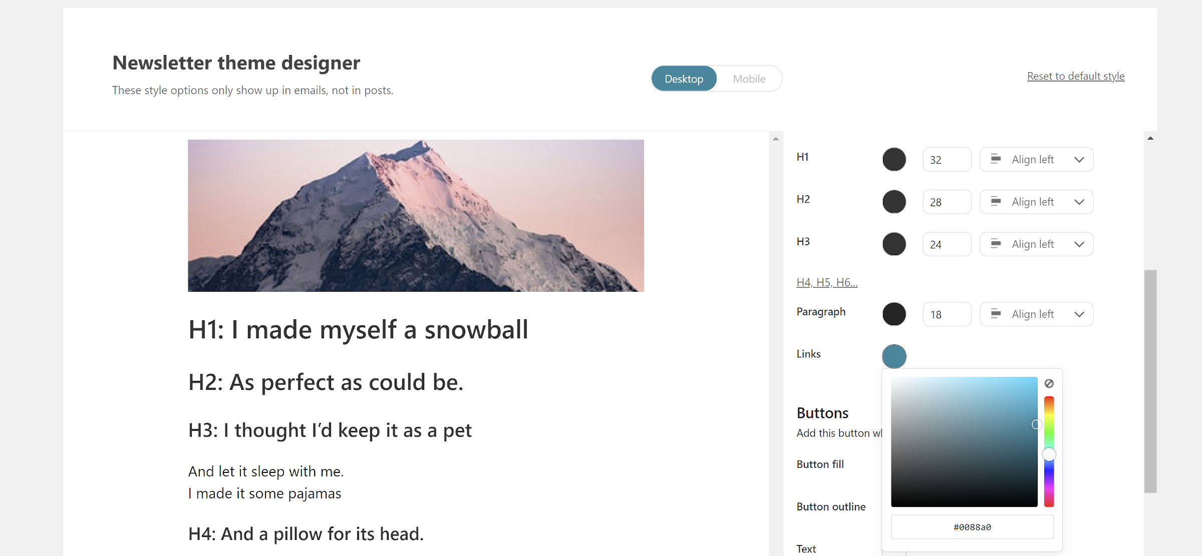 Schermata di progettazione del tema della newsletter dal plugin Newsletter Glue.