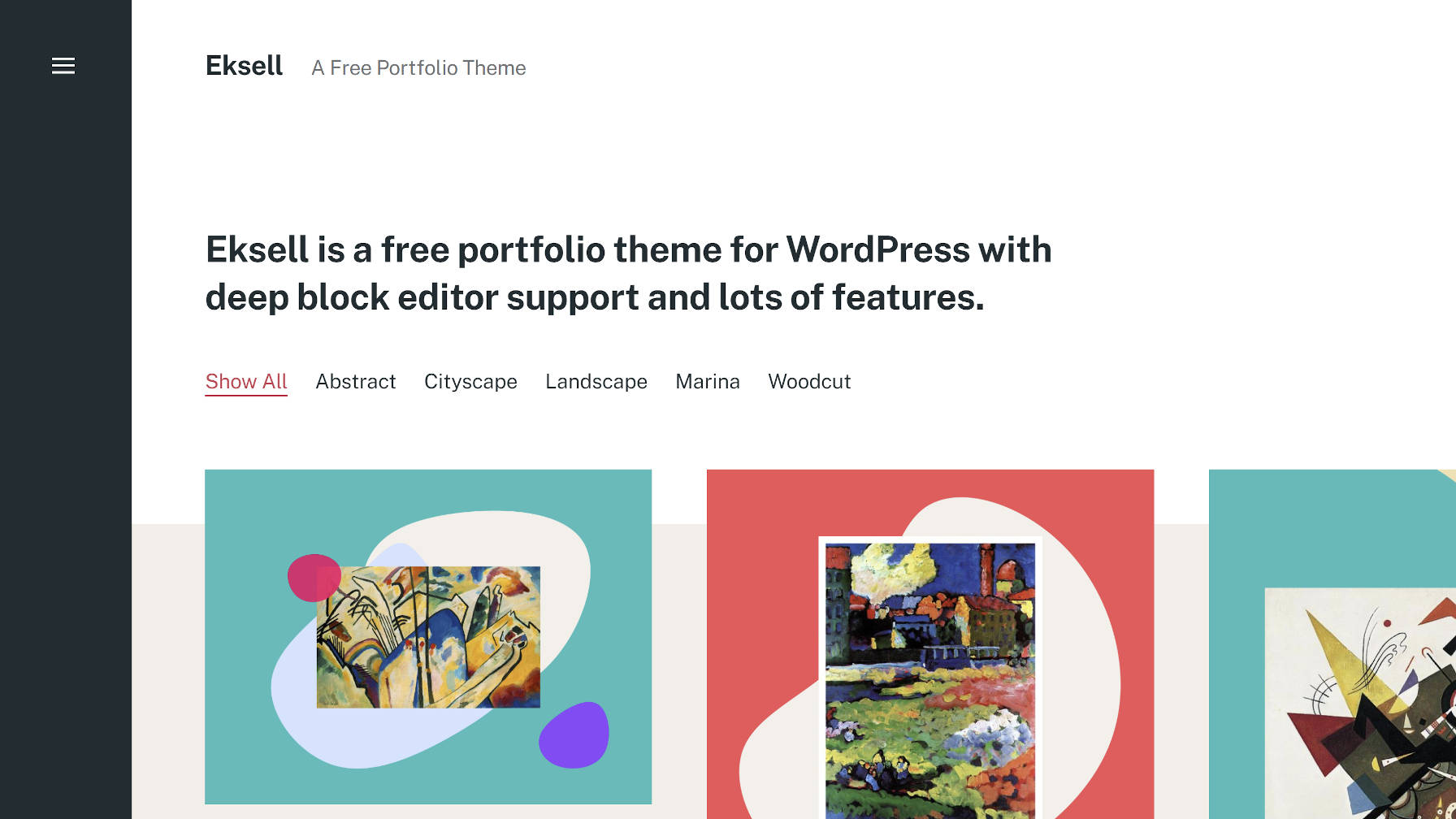Homepage del tema WordPress di Eksell, che mostra una griglia di portfolio a tre colonne con la barra di navigazione/barra laterale del sito a sinistra e un'introduzione e una navigazione di categoria sopra.