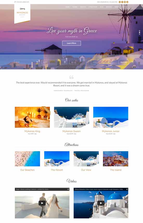 Mykonos Resort - ธีมโรงแรม WordPress