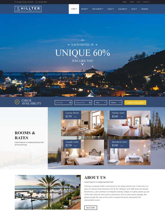Hillter - ธีมการจองโรงแรม WordPress ที่ตอบสนอง