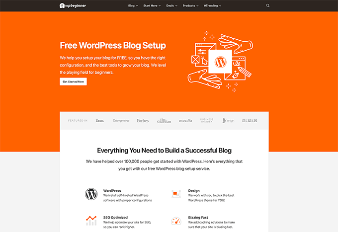 Página de inicio de configuración de blog de WordPress gratis Free WordPress Blog Setup Landing Page