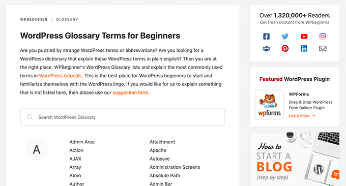 WPBeginner WordPress Glosario Búsqueda en vivo WPBeginner WordPress Glossary Live Search