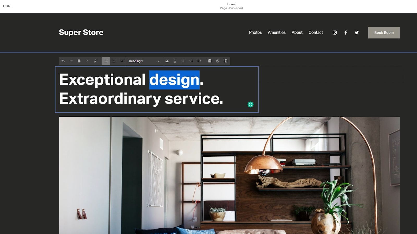 사용 중인 Squarespace의 웹사이트 편집기