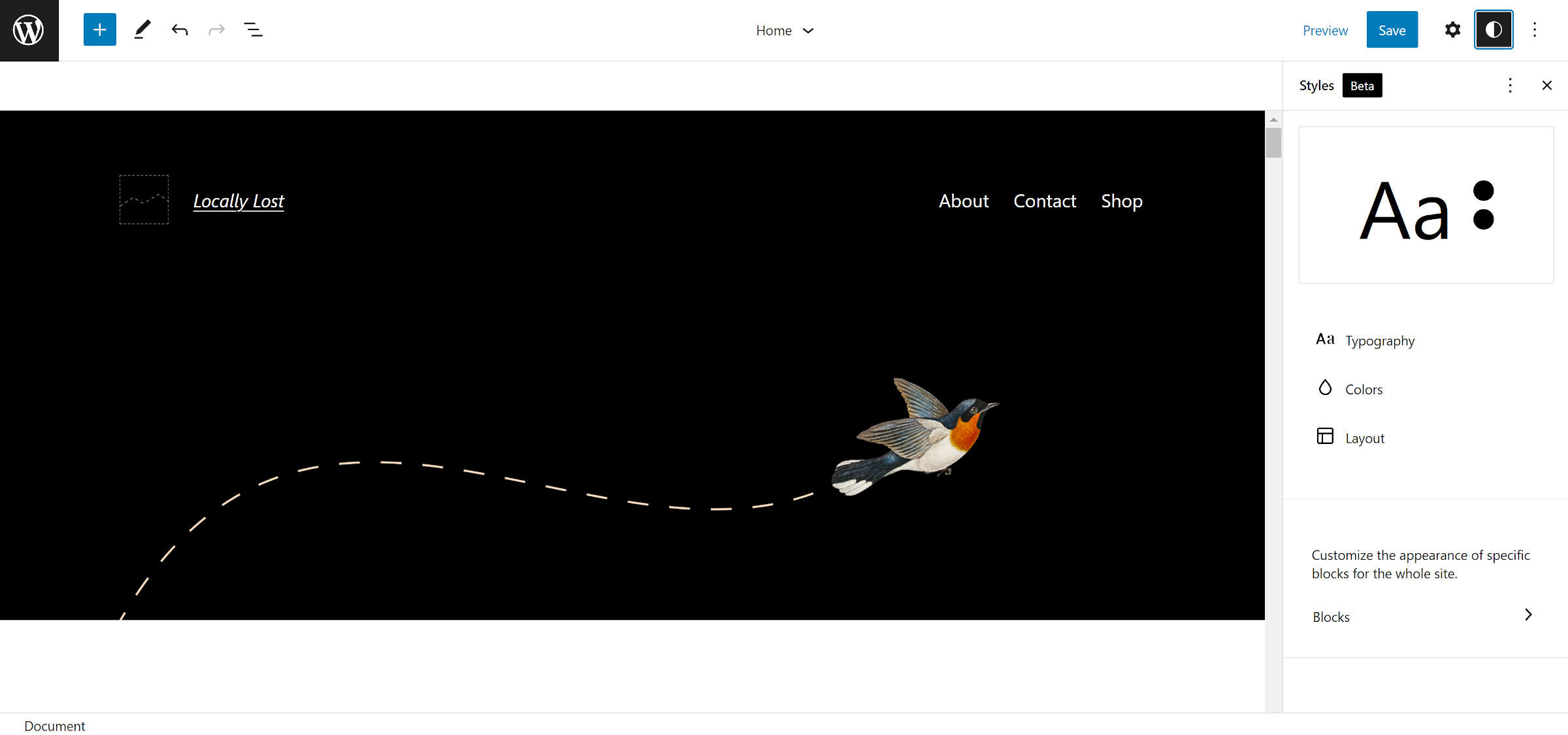 Editor del sito WordPress aperto al modello home. Il pannello degli stili globali è aperto sulla destra con opzioni per tipografia, colori e layout.