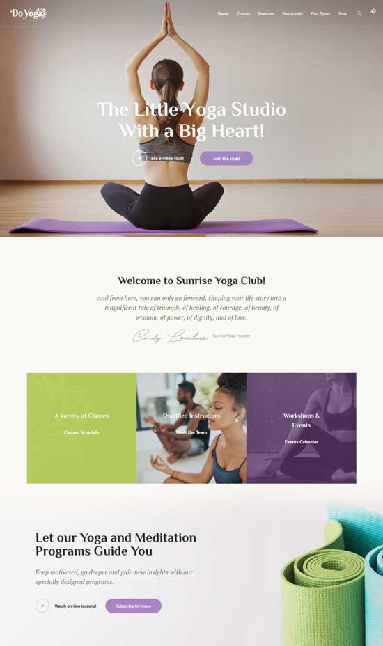 fai il tema wordpress del club di yoga