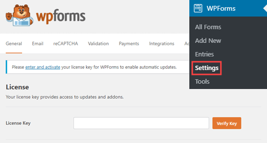 输入 WPForms 许可证密钥 Enter WPForms license key