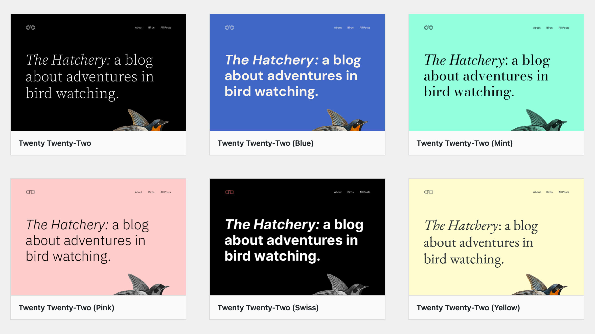 Un gruppo di sei schermate del tema WordPress Twenty Twenty-Two con diversi colori e combinazioni di caratteri.