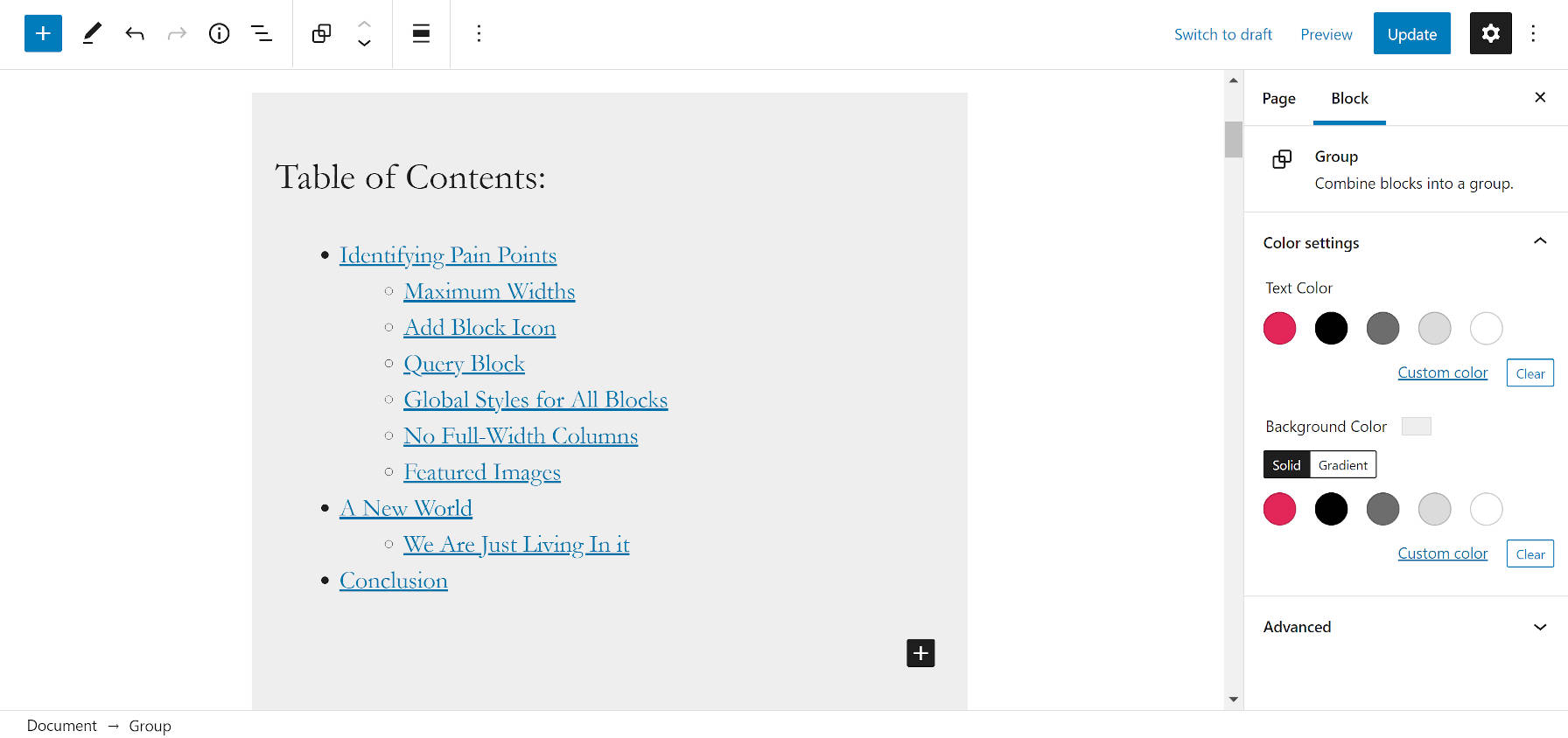 Editor di post di WordPress con una sezione evidenziata che mostra un'area del sommario per il post.