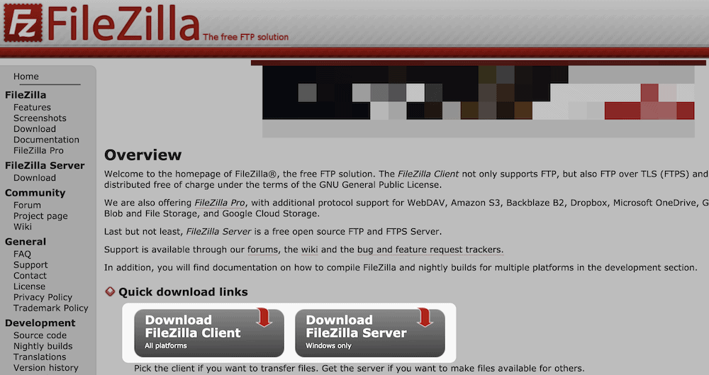 FileZillaのホームページ。