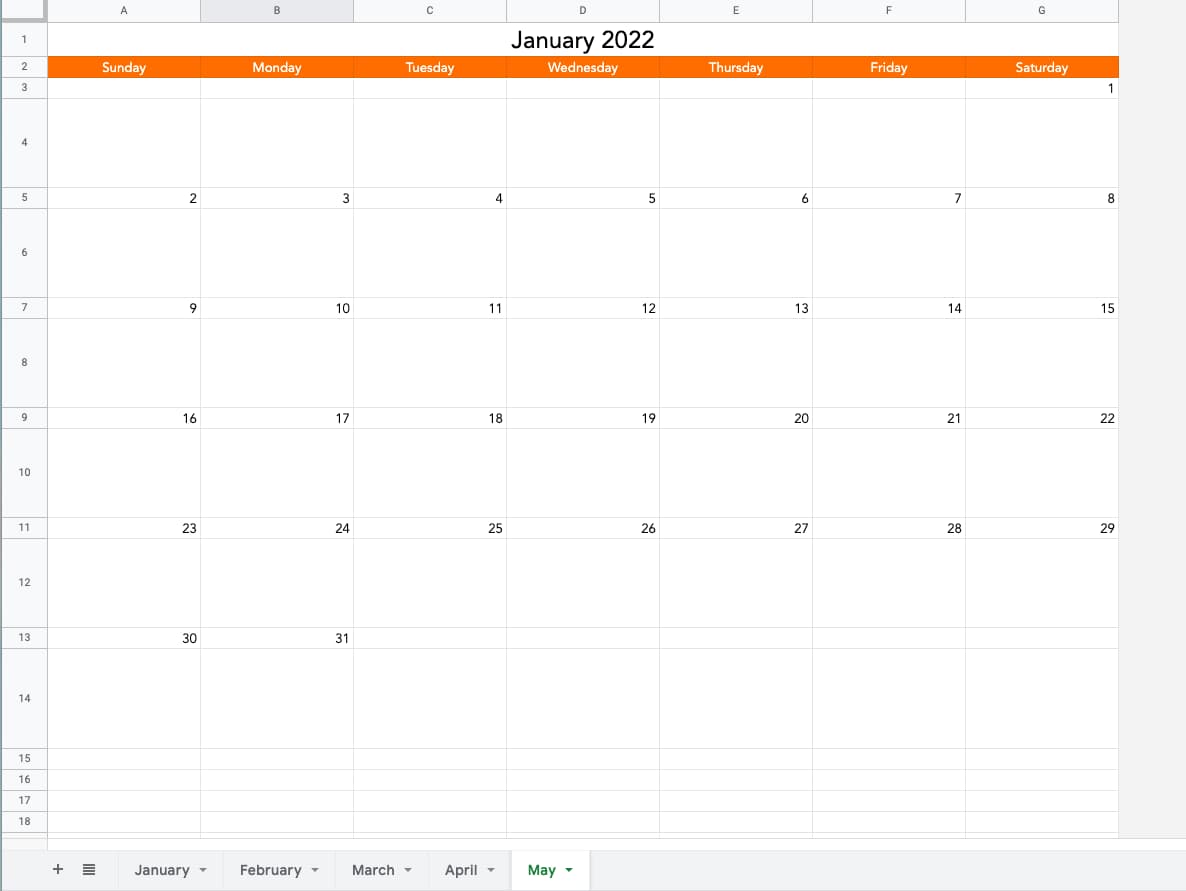 Calendário do Planilhas Google de janeiro a maio