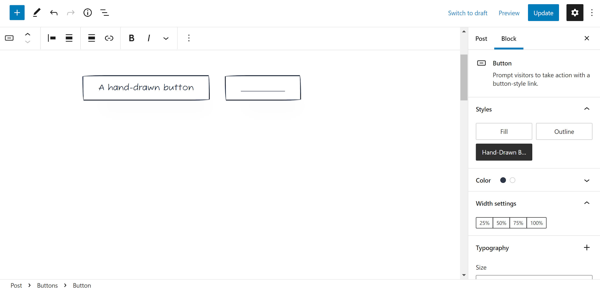 Editor di post di WordPress aperto con un blocco pulsanti. Viene mostrato che un blocco appena inserito ha lo stesso stile del suo fratello.